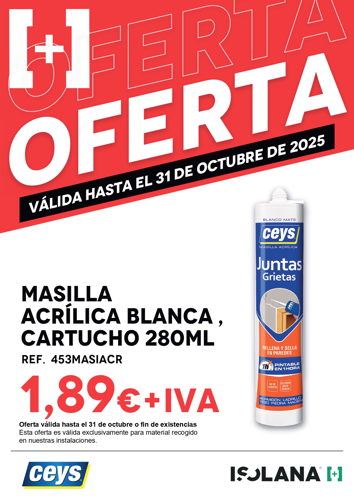 Oferta: MASILLA ACRÍLICA BLANCA, CARTUCHO 280ML